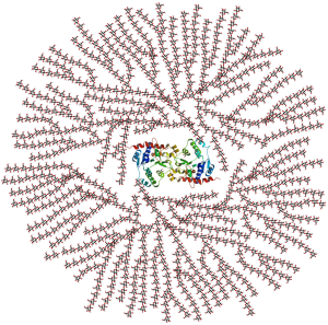 Ribbon and ball-stick rendering of a glycogen molecule.