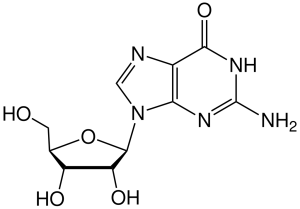 2-dimensional line drawing for a guanosine molecule.