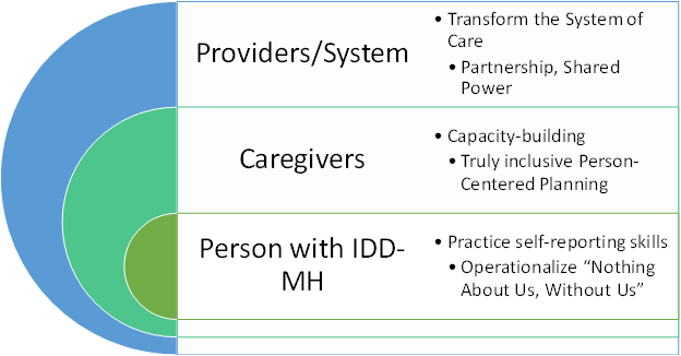 A circular target list graph shows the different people who can benefit from the PEIS at three different levels. The outer ring shows the first level, which are providers and the system they work in. Providers can transform the system of care by promoting partnership and sharing power with their patients, People with IDD-MH. The second ring is in the middle. It represents caregivers, who can benefit from the capacity-building of the PEIS. They can learn strategies for being truly inclusive in the person-centered planning they do for the person they care for. The third level represents People with IDD-MH, who benefit from the PEIS by having the opportunity to practice self-reporting skills and engage directly in their care, operationalizing the ethos of "Nothing About Us, Without Us".