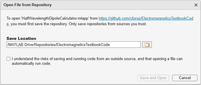 Screenshot of a pop-up window requesting a save location for the textbook code repository.