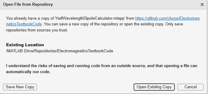 Screenshot of a pop-up window requesting to save a copy or open an existing copy of the textbook code repository.