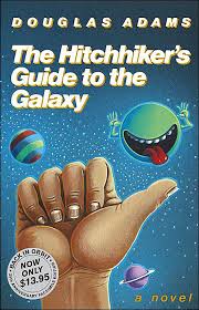 Cover of The Hitchhiker's Guide to the Galaxy, with a large hand with the thumb extended, and a planet sticking its tongue out at the viewer