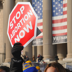 A hand holding a "stop abortion now" sign at a protest