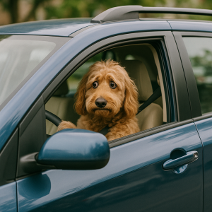A nervous-looking dog sits at the wheel of a car. AI generated
