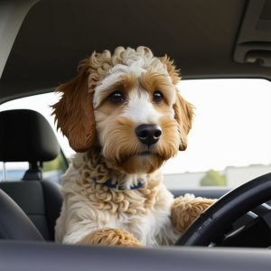 A nervous-looking dog sits at the wheel of a car. AI generated