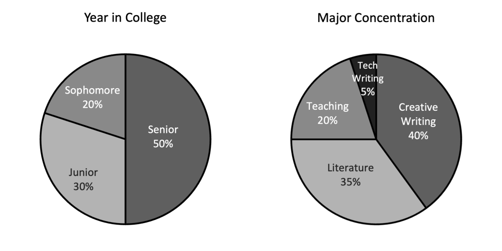 Two pie charts. The first pie chart shows the distribution of students by year in college. The chart is divided into three sections: 20% are Sophomores, 30% are Juniors, and 50% are Seniors. The second pie chart shows the distribution of students by major concentration. The chart is divided into four sections: 5% in Tech Writing, 20% in Teaching, 35% in Literature, and 40% in Creative Writing.