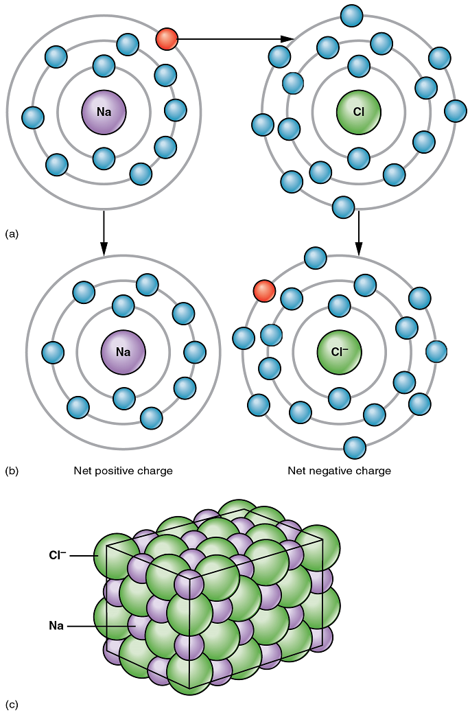 Image A shows a configuration of sodium and chlorine. It shows that sodium has one electron in its outer energy level and that chlorine has 7 electrons in its outer energy level. All atoms want to have 8 electrons in their outer energy level. Image B shows that with ionic bonding, sodium gives its one electron to chlorine completing the outer ring of chlorine. This will cause the atoms to become charged. Sodium becomes a cation and chlorine becomes an anion. Image C shows how the grouping of the electrons form what is called crystals.