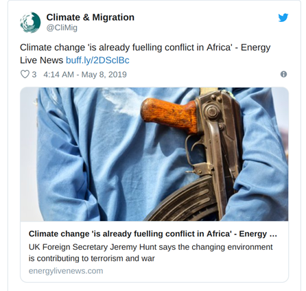 Screenshot of a Twitter post showing a photograph of a person holding a rifle and the headline "Climate change is already fueling conflict in Africa."