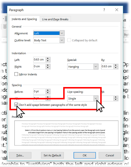 Screen shot of the dialog box in Microsoft Word showing the dropdown menu where line spacing can be changed.