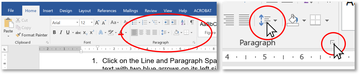 Screen shot of Microsoft Office Toolbar showing where line spacing can be found.