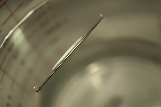 A photograph shows a needle floating at the surface of a glass of water. Though the needle floats, it appears to be slightly sinking below the surface.