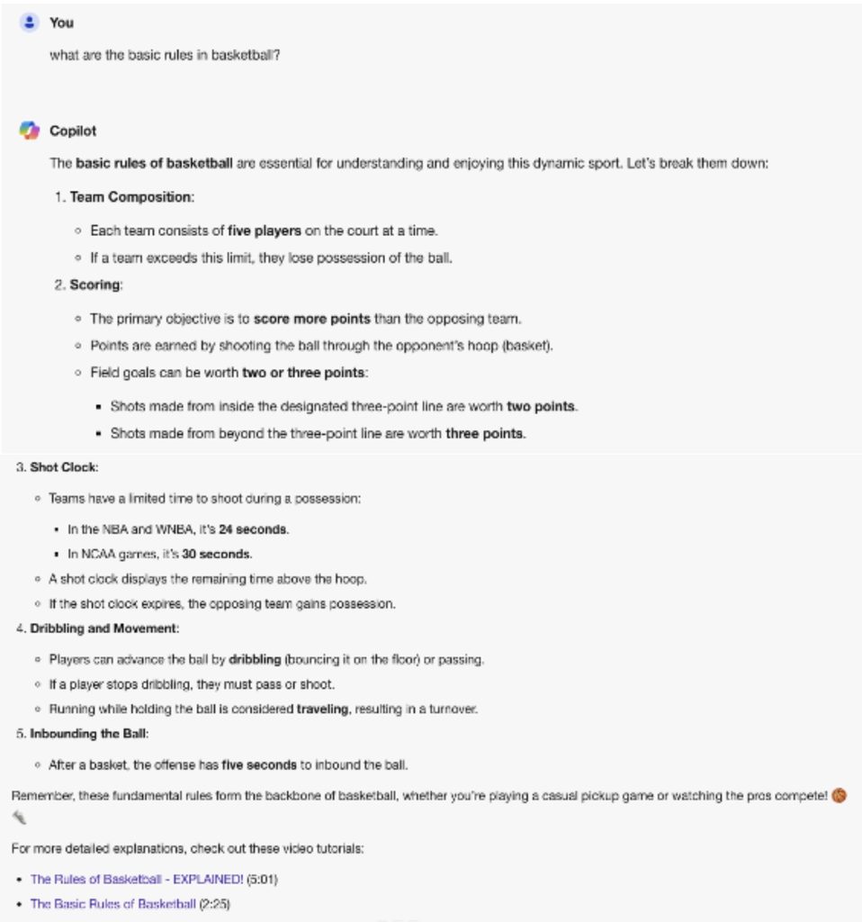 Figure B: Basketball Rules, Microsoft Copilot