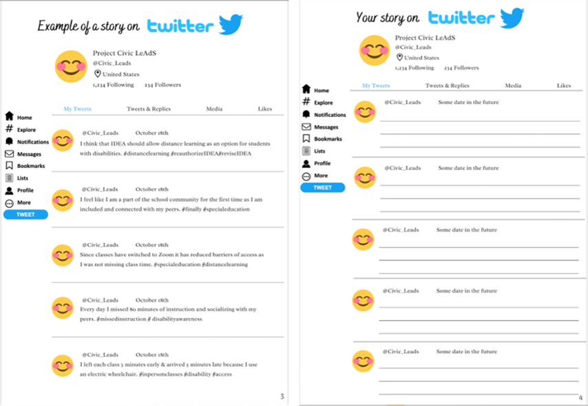 Template for crafting a Twitter story, showing example tweets and a section for users to create their own tweets. The layout includes placeholders for tweet text, dates, and emoji reactions, with a mock-up of a Twitter profile on the left side labeled 'Your story on Twitter' and 'Example of a story on Twitter.' The template allows users to visualize how their story will appear on Twitter, including the number of likes and retweets.