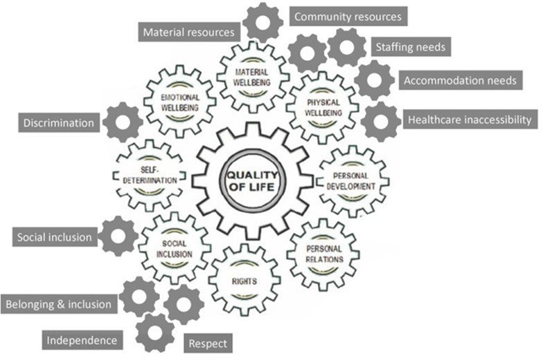 An adaptation of Schalock and Verudgo's (2002) QoL model for people with IDD. The central gear is ‘quality of life,’ surrounded by the original model domains: self-determination, emotional well-being, material well-being, physical well-being, personal development, personal relations, rights, and social inclusion. Outside these domains are sub-themes identified through this research including discrimination, resources, staffing needs, accommodation needs, healthcare inaccessibility, respect, independence, belonging, and inclusion.