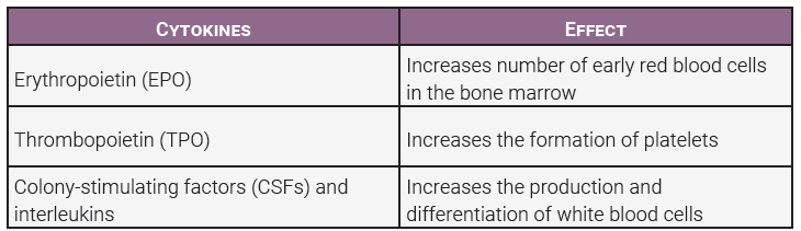 Table showing cytokines and their effects on hematopoiesis.