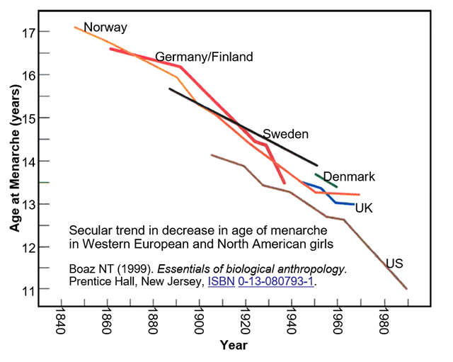 Graph showing a decline in the average age of menarch in Western Europe and North America