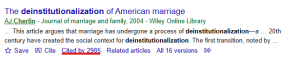 A screenshot of the entry for the article Deinstitutionalization of American Marriage shows it has been cited by 2985 other articles in Google Scholar.