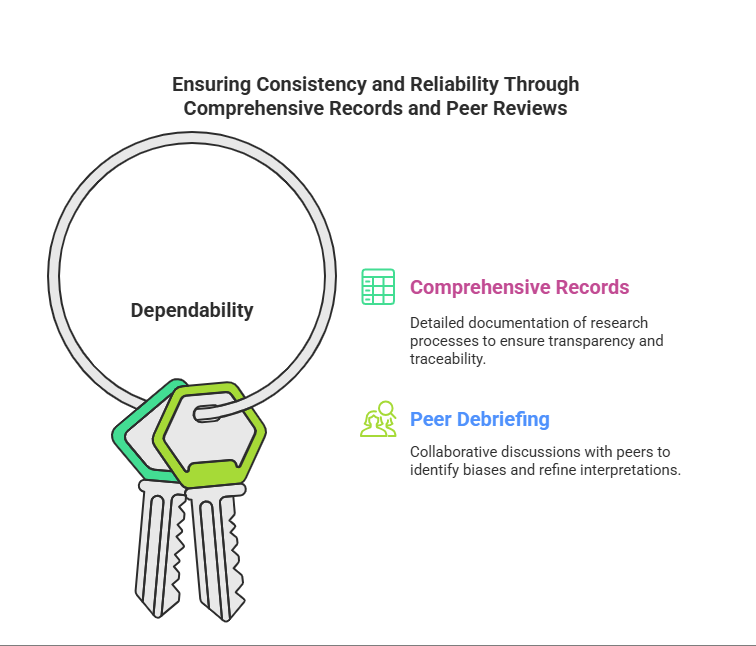 Illustration of a keyring with keys representing dependability and two sections detailing comprehensive records and peer debriefing on the right. Ensuring Consistency and Reliability Through Comprehensive Records and Peer Reviews Dependability Comprehensive Records Detailed documentation of research processes to ensure transparency and traceability. Peer Debriefing Collaborative discussions with peers to identify biases and refine interpretations.