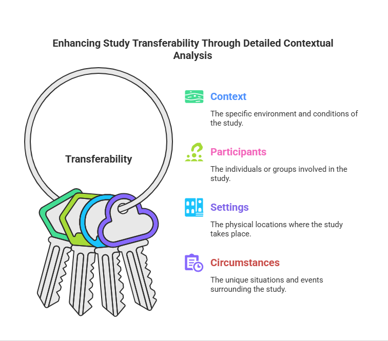 The image features an illustration of a key ring with five keys, each in a different color, representing various aspects of enhancing study transferability. Above the keys, the word "Transferability" is written inside the circular key ring. To the right of the keys, there are four colored icons with corresponding headers and descriptions, outlining factors contributing to study transferability. The headers are "Context," "Participants," "Settings," and "Circumstances," each paired with a short description. Enhancing Study Transferability Through Detailed Contextual Analysis Context The specific environment and conditions of the study. Participants The individuals or groups involved in the study. Settings The physical locations where the study takes place. Circumstances The unique situations and events surrounding the study.