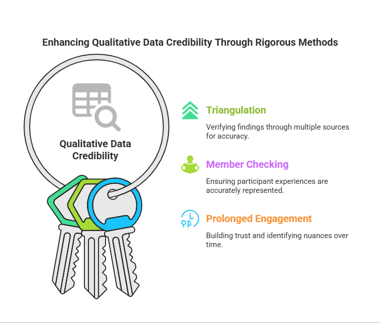 The image centers around the theme of enhancing qualitative data credibility through rigorous methods. On the left is a large graphic of two overlapping keys with key rings, one blue and one green, symbolizing data security and credibility. They are attached to a larger ring depicted as a stylized magnifying glass over a spreadsheet icon, signifying examination and analysis. On the right side, three methods are listed: "Triangulation" in green with an upward arrow icon, "Member Checking" in purple with a person icon, and "Prolonged Engagement" in orange with a clock icon. Each method is accompanied by a brief description emphasizing their importance in data credibility.