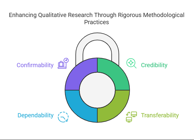 A padlock diagram illustrating four concepts of qualitative research: Confirmability, Credibility, Transferability, and Dependability.