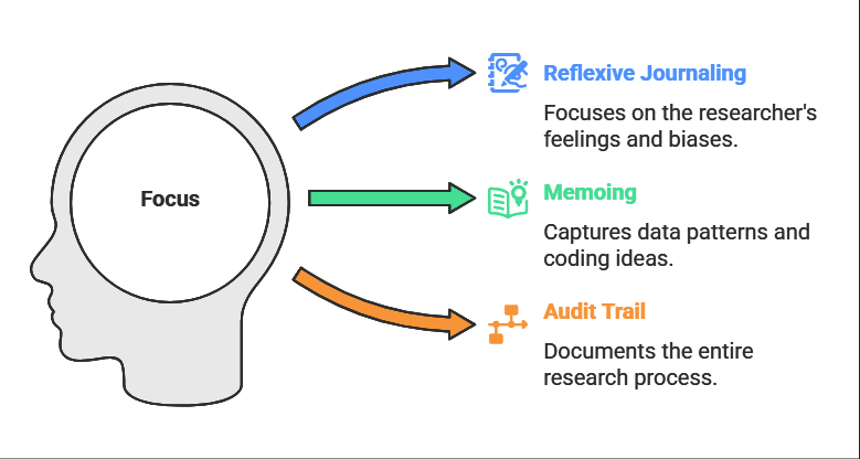 The image features a simple diagram illustrating three research practices. On the left, a grey silhouette of a human head with "Focus" written inside directs attention to three labeled, colored arrows pointing to the right: a blue arrow for "Reflexive Journaling," a green arrow for "Memoing," and an orange arrow for "Audit Trail." Each practice is accompanied by a small icon—a notebook with a magnifying glass for journaling, an open book for memoing, and a flowchart symbol for audit trail. Each description briefly explains the practice: journaling addresses researchers' feelings and biases, memoing captures data patterns and coding ideas, and the audit trail documents the entire research process.