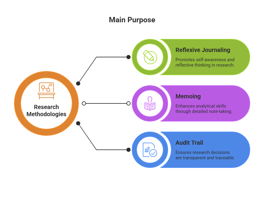 The image is a diagram illustrating different research methodologies under the main purpose of research. On the left, there is a large orange circle labeled "Research Methodologies" with an icon of a presentation board. From this circle, three lines extend to the right, each connecting to a colored oval. The first oval is green, with the title "Reflexive Journaling" and a symbol of a notebook and pen. Below, the text explains it as promoting self-awareness and reflective thinking in research. The second oval is purple, labeled "Memoing," with an icon of a note pad and pencil, described as enhancing analytical skills through detailed note-taking. The last oval is blue, titled "Audit Trail," with a bar graph icon, ensuring research decisions are transparent and traceable.