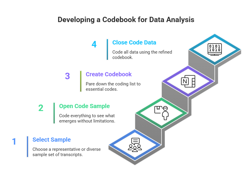Infographic on developing a codebook with four steps in a stair-step layout. Developing a Codebook for Data Analysis 1 Select Sample Choose a representative or diverse sample set of transcripts. 2 Open Code Sample Code everything to see what emerges without limitations. 3 Create Codebook Pare down the coding list to essential codes. 4 Close Code Data Code all data using the refined codebook.
