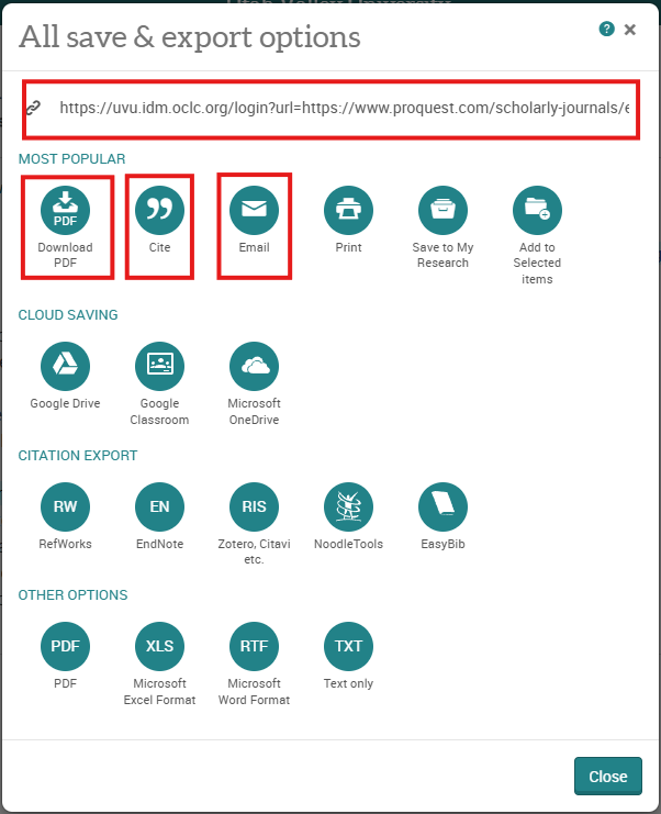 ProQuest save and export options menu