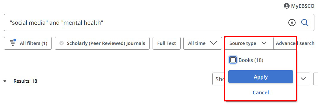 After using the books and more tab on the library home page. You can select source type and filter to books or ebooks.