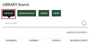 library search box with the articles tab circled.