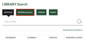 library search box with the books and more tab circled
