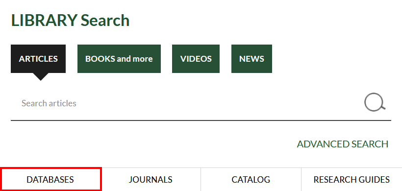 library homepage search box with the databases button highlighted