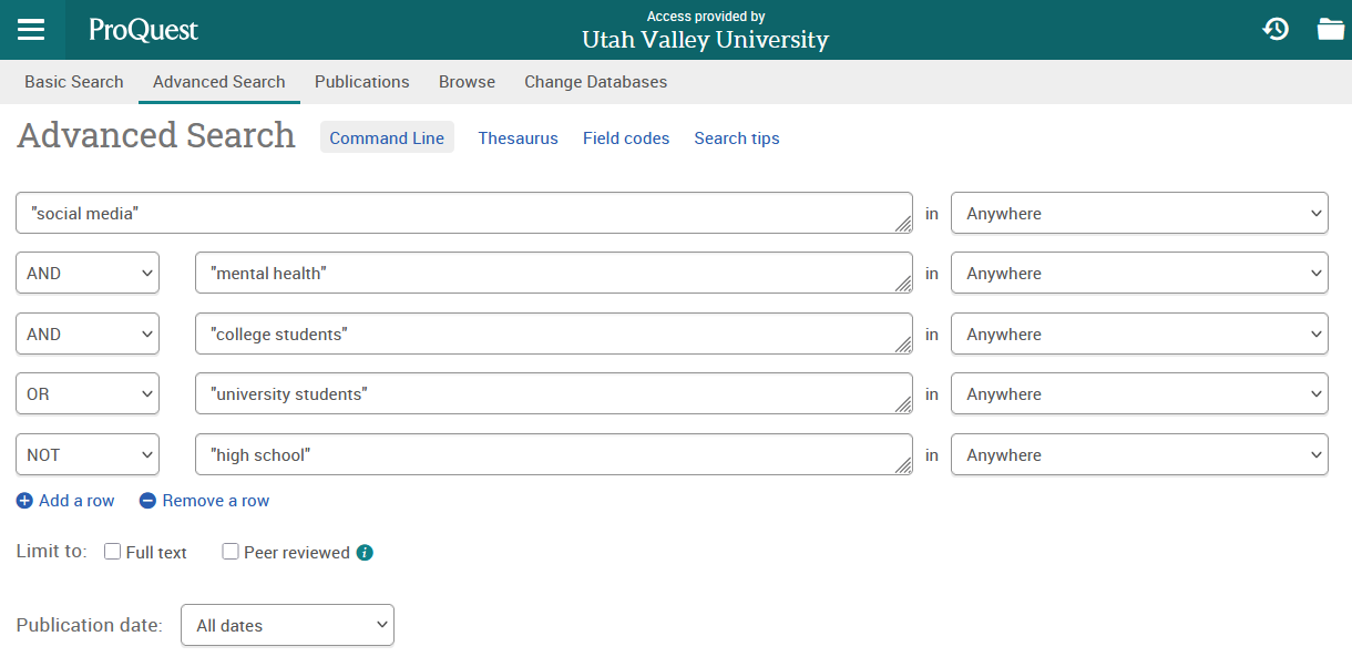 Shows ProQuests advanced search with the search "social media" AND "mental health" AND ("college students" OR "university students") NOT "high school"