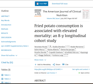 scholarly peer-reviewed article titled fried potato consumption is associated with elevated mortality: an 8-y longitudinal cohort study. It is from the American Journal of Clinical Nutrition, shows many authors, and has an abstract, introduction, results, discussion, and a references section.