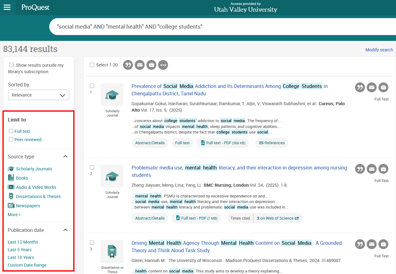 ProQuest search results for "social media" and "mental health" and "college students". It shows the peer review , source type, and publication date filters