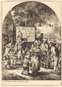 Image of an 18th century engraving depicting a ballad singer making use of a visual aid as he seeks to captivate the crowd.