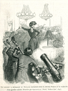 A whimsical illustration of a conductor leading an orchestra that includes unusual instruments, such as canons, beneath ornate chandeliers.