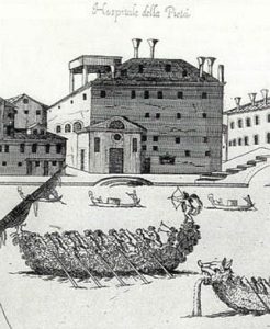 Illustration of a longboat with rowers and classical buildings in the background.