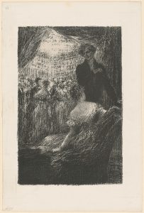 Monochrome theater scene with a standing figure, a seated woman in a dress, and an audience under chandeliers.