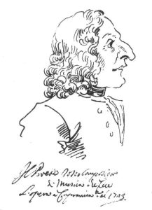 Sketch of a man with curly hair and a prominent nose in profile.