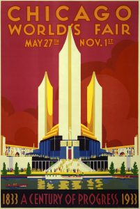 Vintage Chicago World's Fair poster featuring stylized architecture, bold text, and vibrant colors.