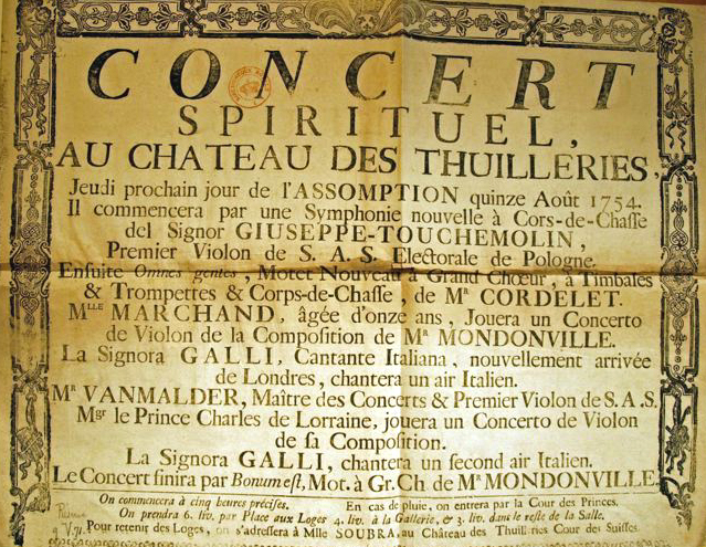 Vintage concert poster from 1754 with a decorative border, announcing a performance at the Chateau des Thuilleries.