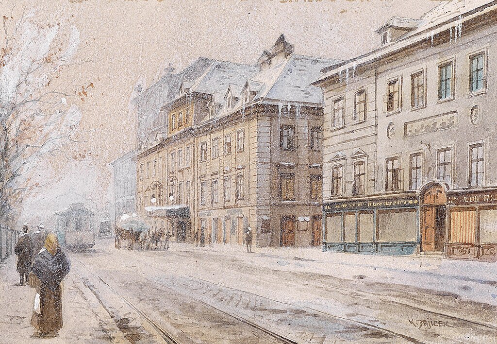 A snowy street scene with European-style buildings, a tram, a horse-drawn carriage, and pedestrians.