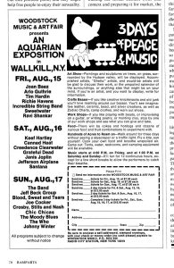 Vintage advertisement for Woodstock Music & Art Fair with a dove on a guitar logo and event details.