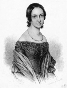 Lithograph of a 19th-century woman with a middle-part hairstyle and an off-the-shoulder dress.