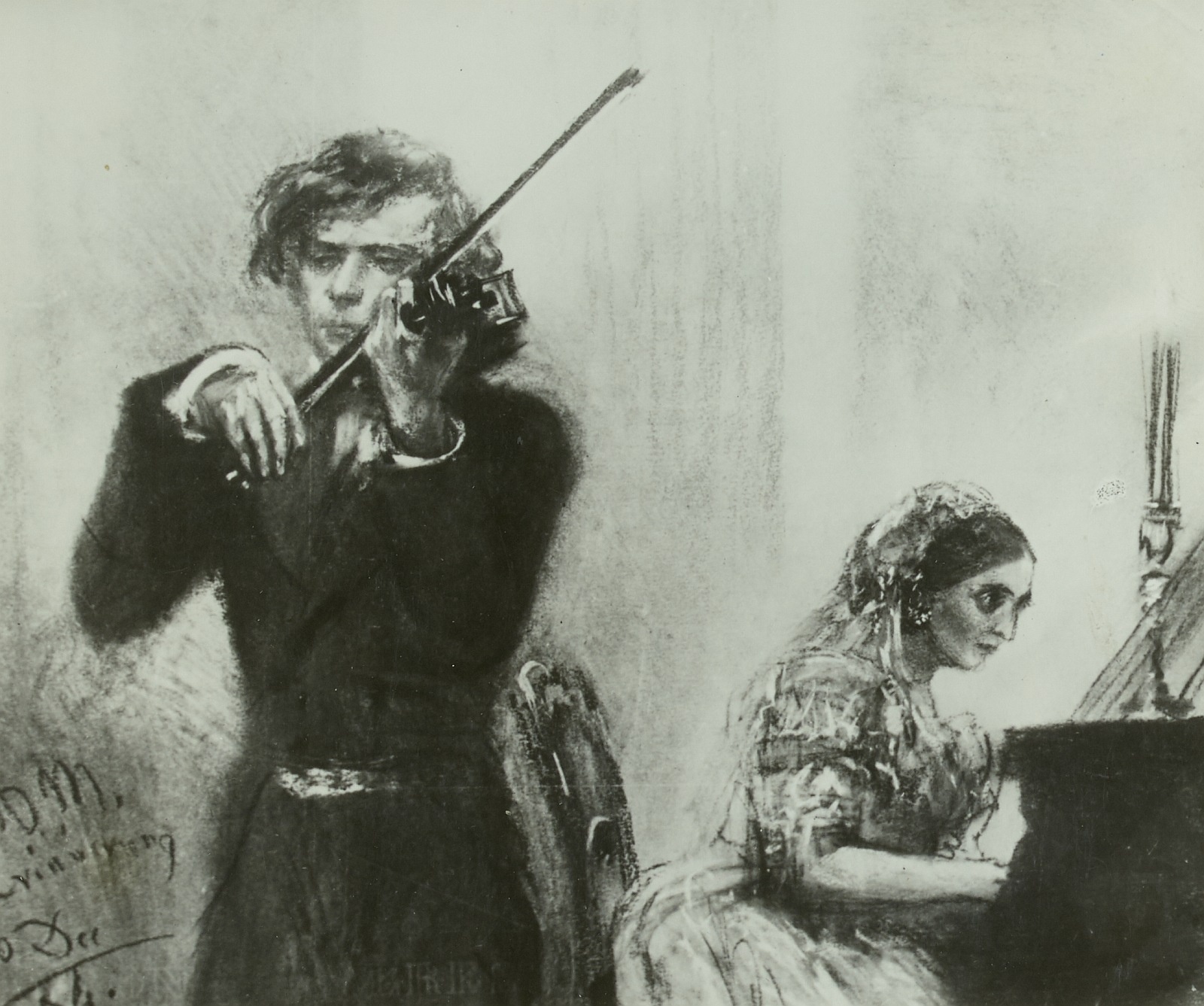 A black and white drawing of a man playing the violin and a woman playing the piano.