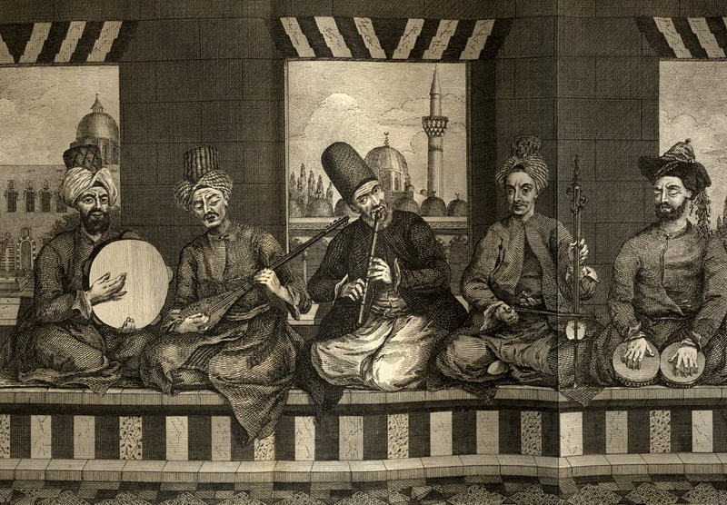Engraving of five musicians playing instruments, dressed in Ottoman attire.