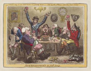 Illustration of seven men in 18th-century attire around a table with drinks and a small dog nearby.