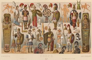 Illustration of various figures, artifacts, and symbols from ancient Greece, including soldiers in armor, busts, and a sarcophagus.